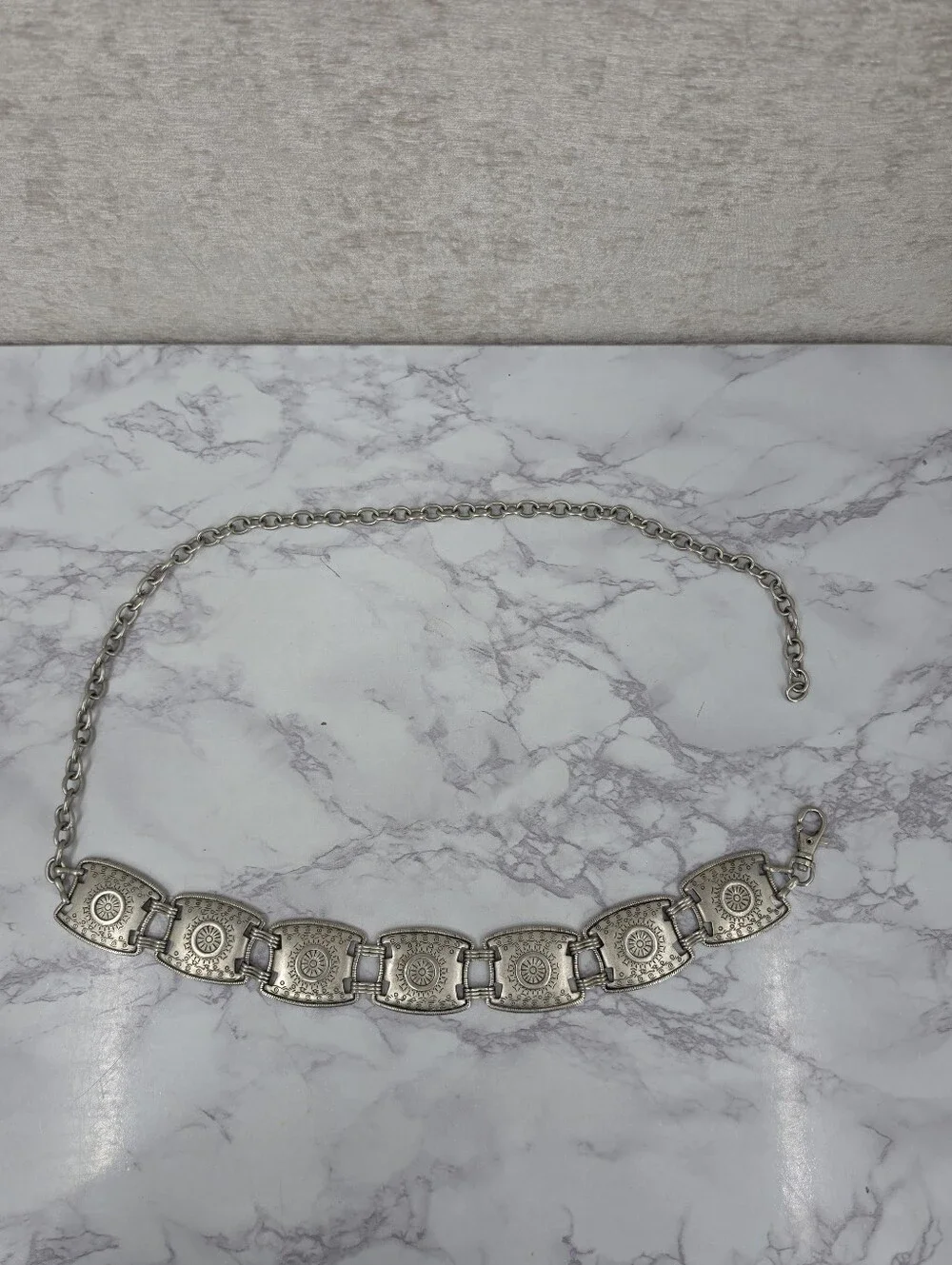 Vintage Rectangle Aztec Pattern Concho Chain Link Western Belt Silver Toned